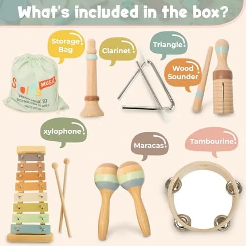 Stoie's Wooden Toddler Musical Instruments with Xylophone, Maracas, Triangle, Tamburine for Babies and Kids | Eco Friendly Montessori Toy thumbnail 2