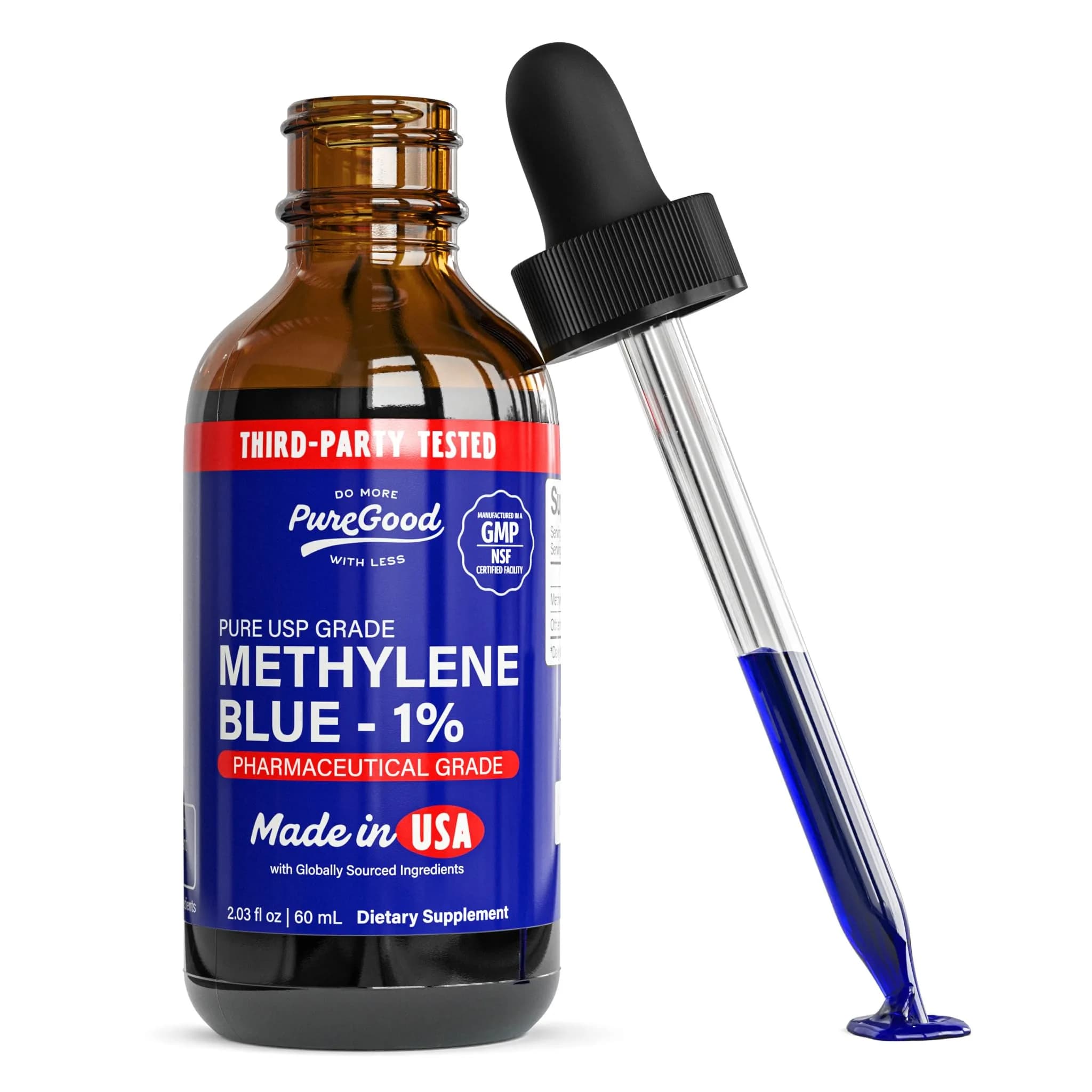 PureGood Methylene Blue 1% Liquid 60mL (2.03 fl oz) | USP-Grade, Third-Party Tested — Blue