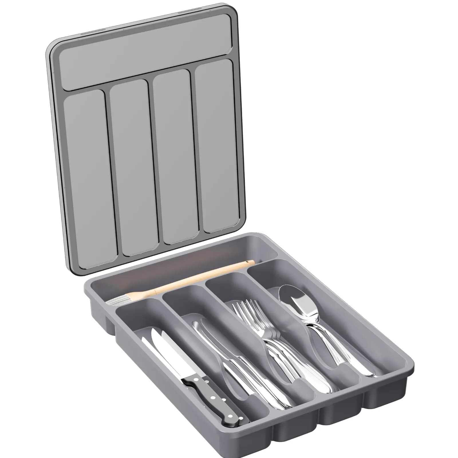 Lifewit Silverware Organizer with Lid, Covered Utensil Tray, 12.6x11.8 | Dust-Free Storage & 6 Compartments — Gray / 9.5"L x 12.7"W