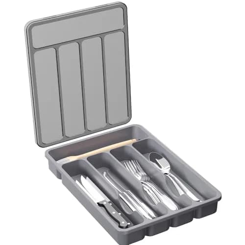 Lifewit Silverware Organizer with Lid, 12.6" x 11.8" | Dust-Free Cutlery Storage (70-120c) — Gray / 9.5"L x 12.7"W