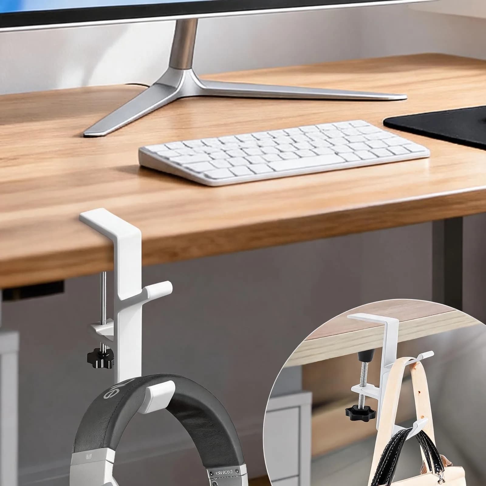 CaLeQi White Double Hook Desk Mount Bag Holder Clamp 10.2 cm (4 inch) | Max 13.6 kg (30 lb) Capacity — 1 Pcs-Double Hook White