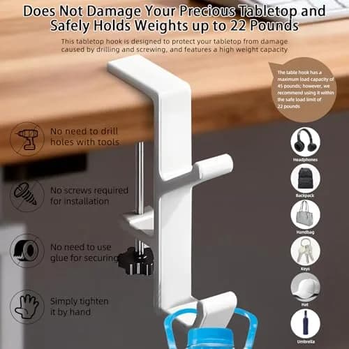 CaLeQi White Double Hook Desk Mount Bag Holder Clamp 10.2 cm (4 inch) | Max 13.6 kg (30 lb) Capacity thumbnail 5