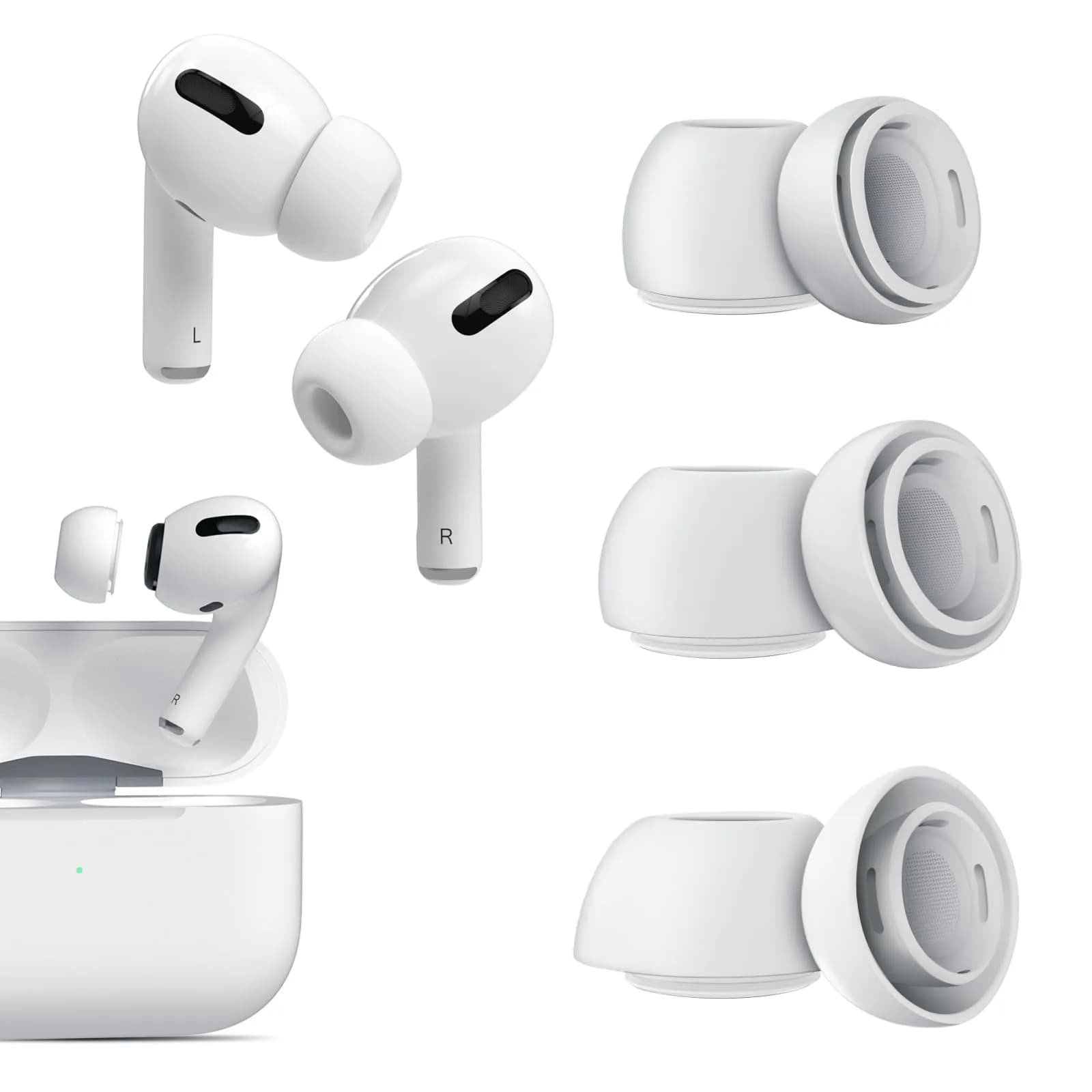 VUBOJO Replacement Ear Tips for AirPods Pro 2nd/1st Gen (S/M/L) | Noise Reduction & Dust Guard — 3Pairs White