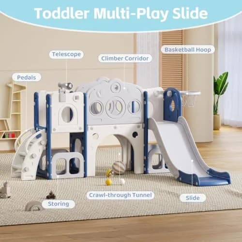 CuFun 8 in 1 Toddler Slide | Indoor & Outdoor Playset for Kids Age 1-3 with Basketball Hoop & Telescope thumbnail 6