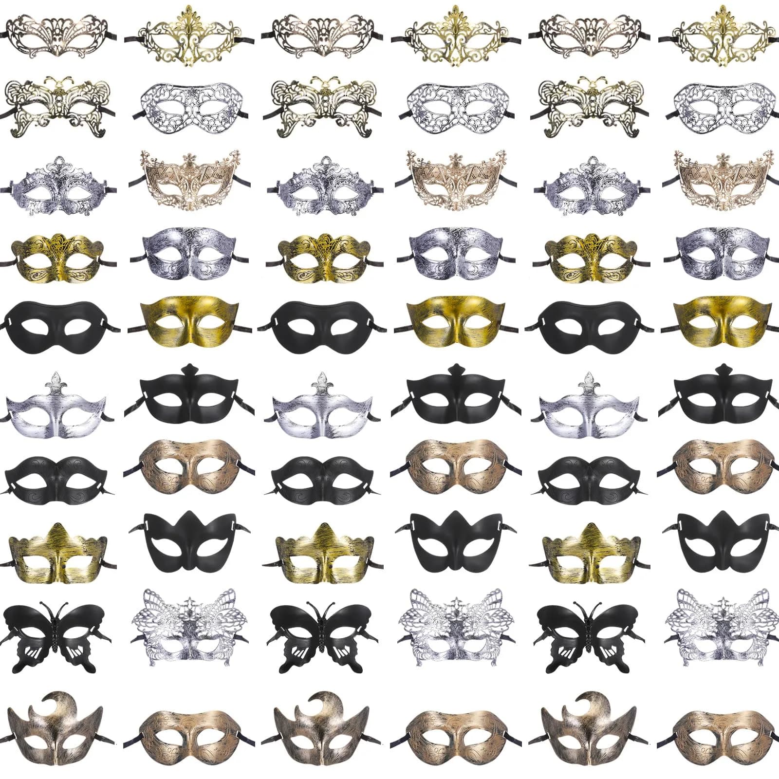 Chivao 60 Pcs Halloween Masquerade Masks Bulk (20 Styles, Gold/Silver/Brass/Black) | Modern Retro Design for Parties — Modern
