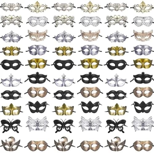 Chivao 60 Pcs Halloween Masquerade Masks Bulk (20 Styles, Gold/Silver/Brass/Black) | Modern Retro Design for Parties - main product image