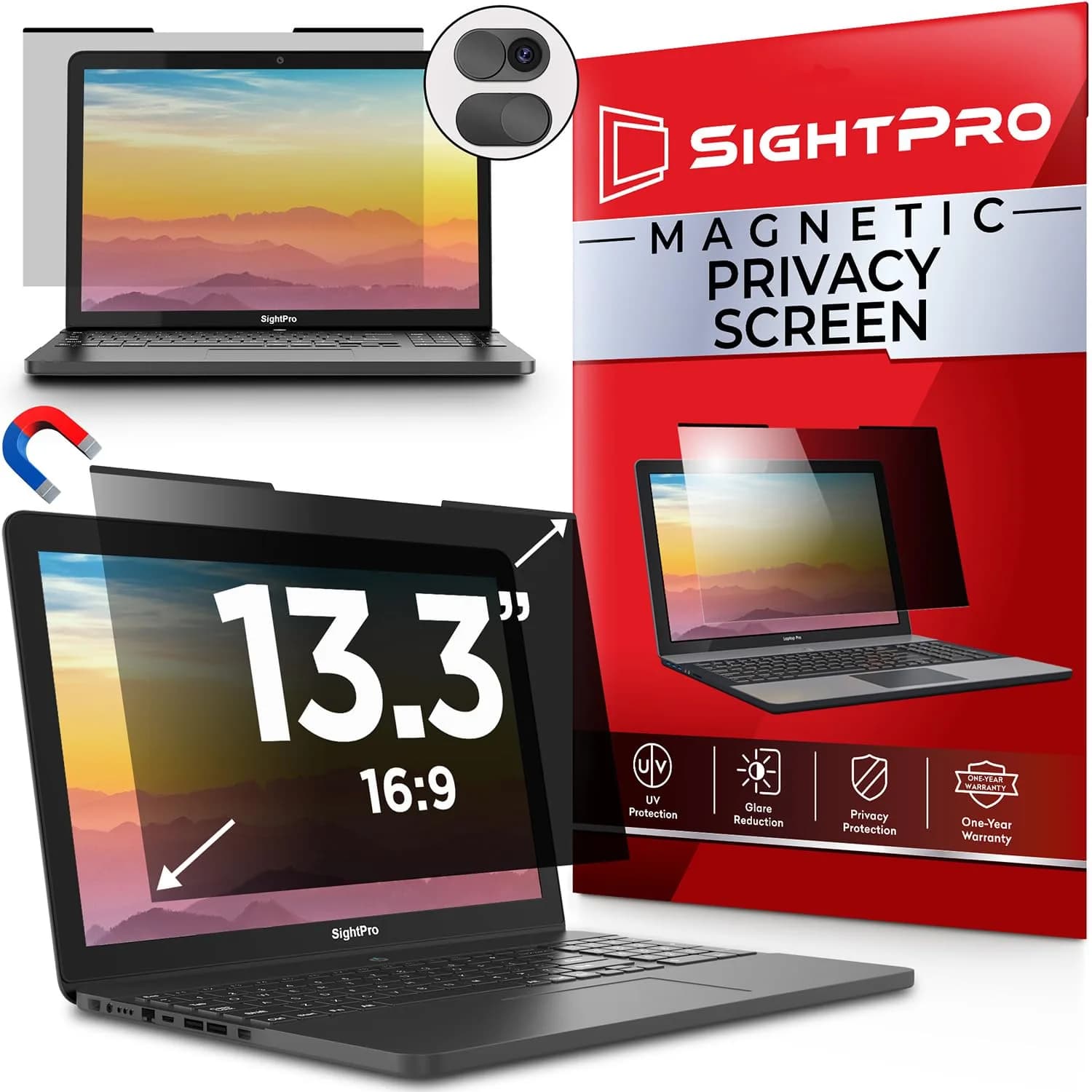 SightPro Magnetic Laptop Privacy Screen 13.3 Inch 16:9 | Patented Removable Filter Shield — Laptop 13.3 Inch 16:9