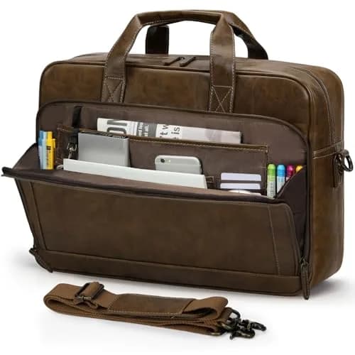 RAINSMORE Men's Leather Laptop Briefcase 43.4cm (17.1 inch) | Vintage Messenger Bag for Business & Travel thumbnail 1