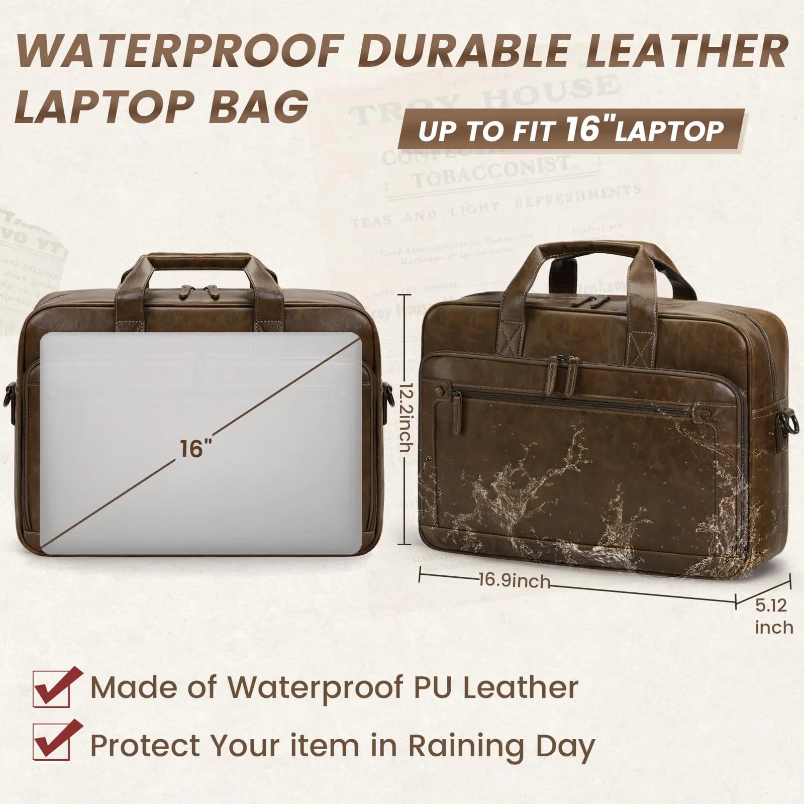 RAINSMORE Men's Leather Laptop Briefcase 43.4cm (17.1 inch) | Vintage Messenger Bag for Business & Travel - view 3