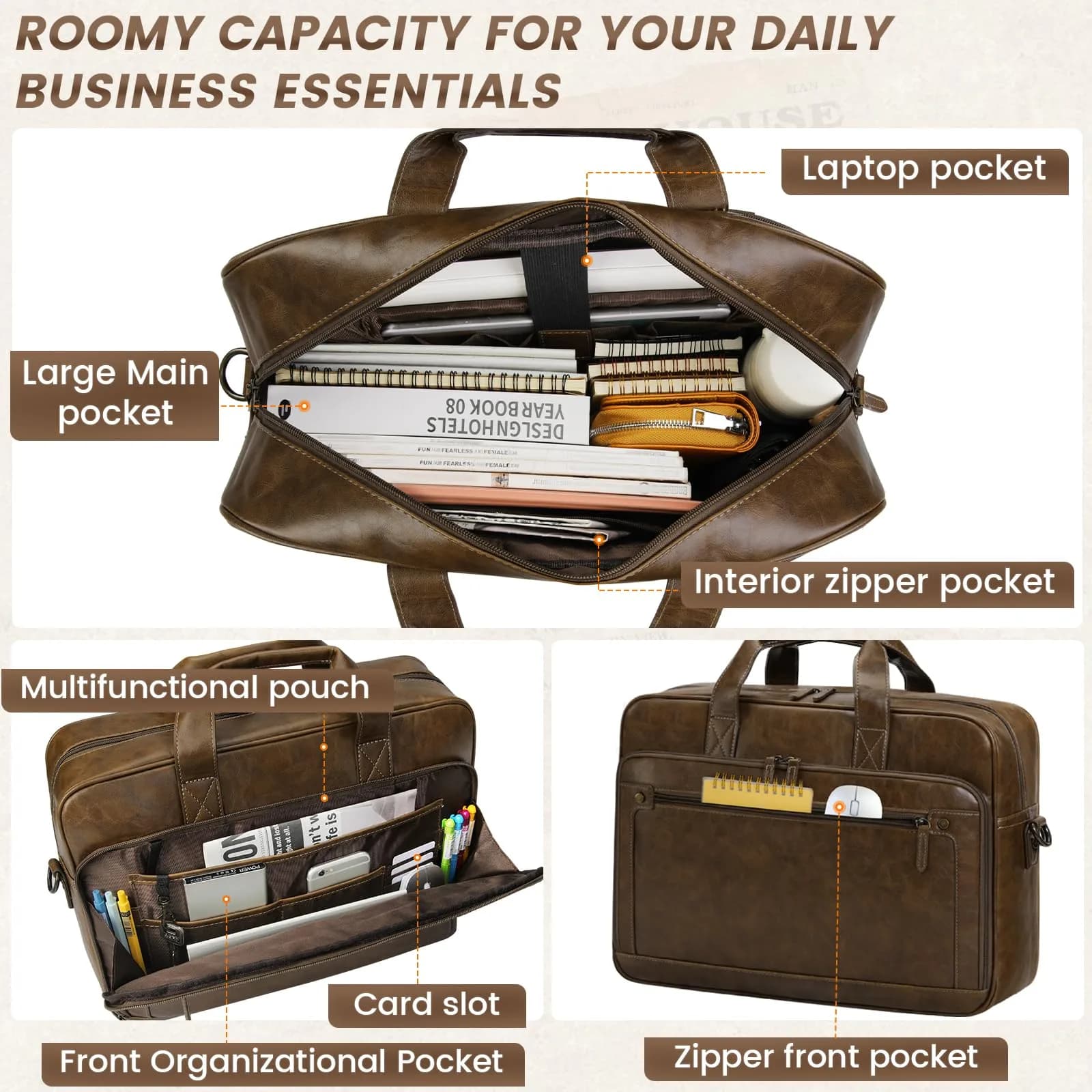 RAINSMORE Men's Leather Laptop Briefcase 43.4cm (17.1 inch) | Vintage Messenger Bag for Business & Travel - view 4