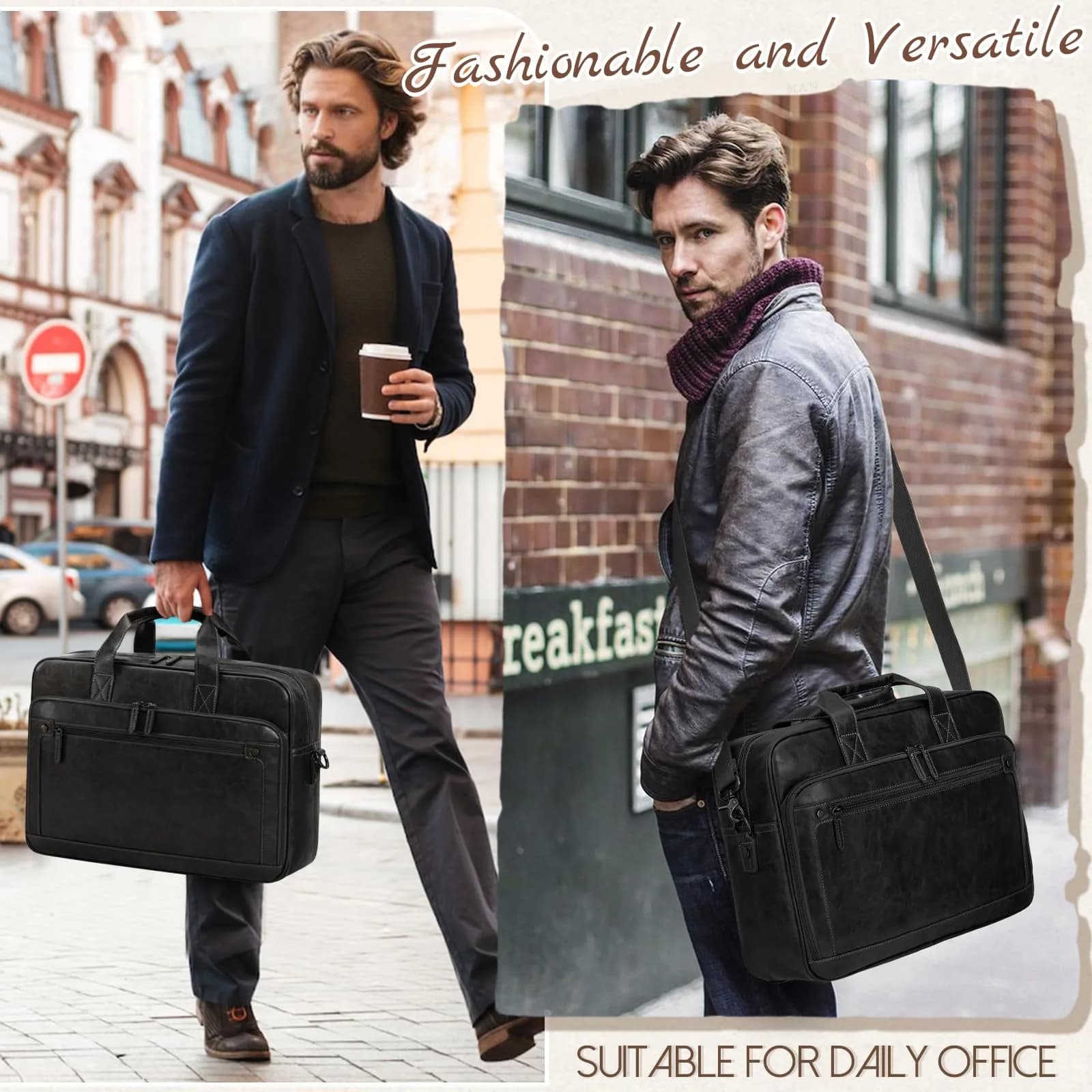 RAINSMORE Men's Leather Laptop Briefcase 16 Inch Vintage Messenger Bag | 40.9cm x 12.9cm x 30.5cm - view 2