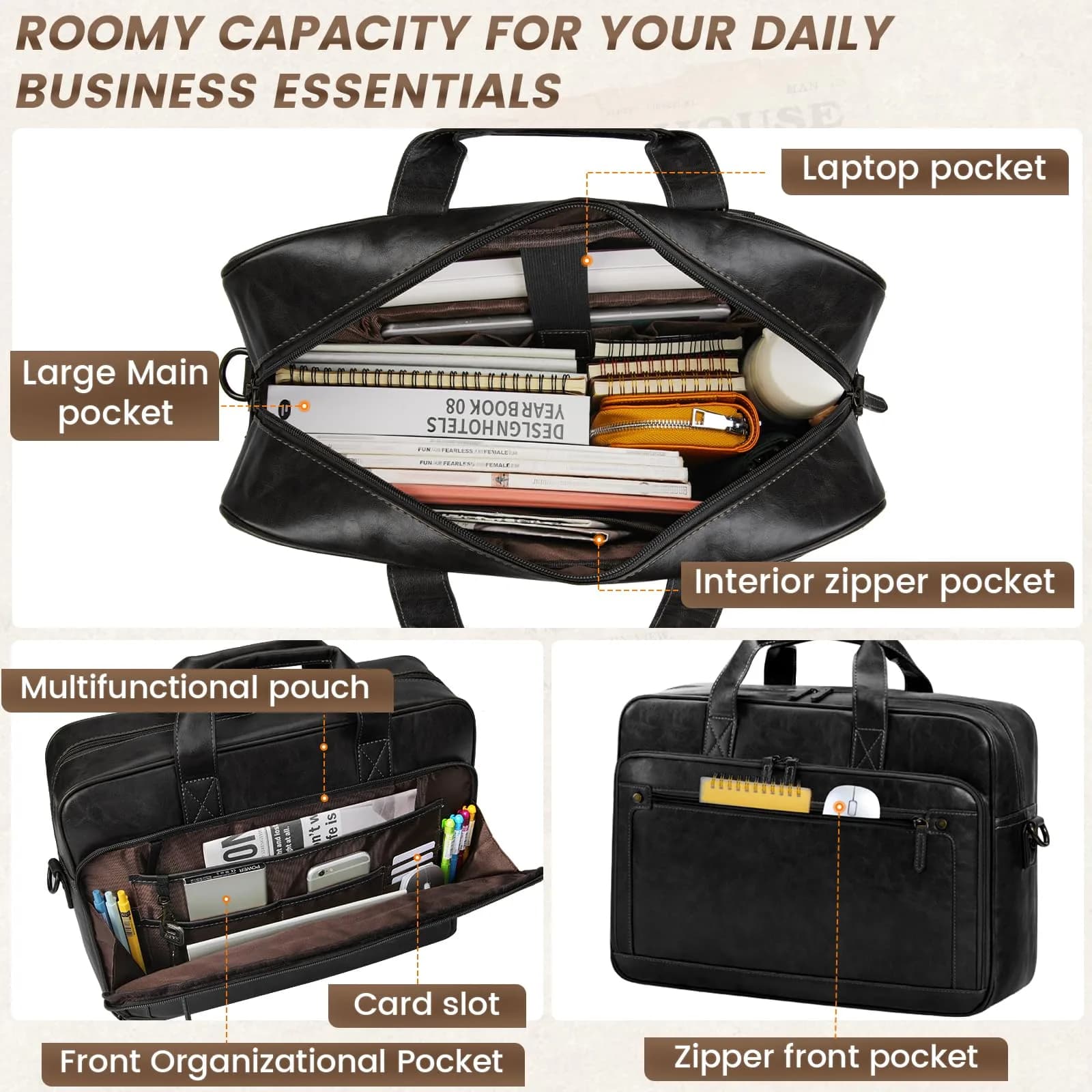RAINSMORE Men's Leather Laptop Briefcase 16 Inch Vintage Messenger Bag | 40.9cm x 12.9cm x 30.5cm - view 4
