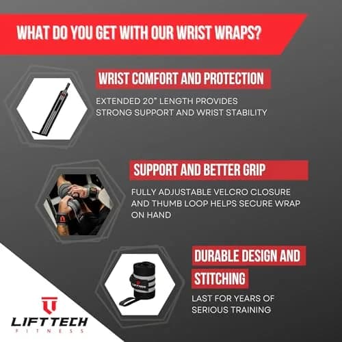 Lift Tech Fitness PRO 20'' Lifting Wrist Wraps - Black & Silver Support for Heavy Lifting (120 chars) thumbnail 3