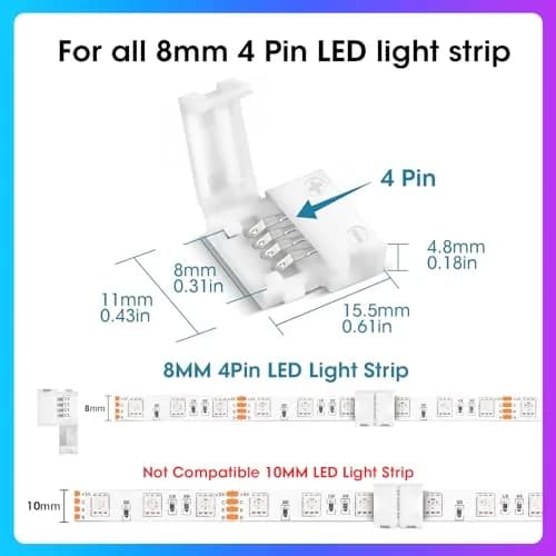 WENHSIN 8mm 4-Pin RGB LED Strip Connectors (10-Pack, 72W Max) | Solderless Extension for SMD 2835/3528/5050 RGB/RGBW Strips thumbnail 2