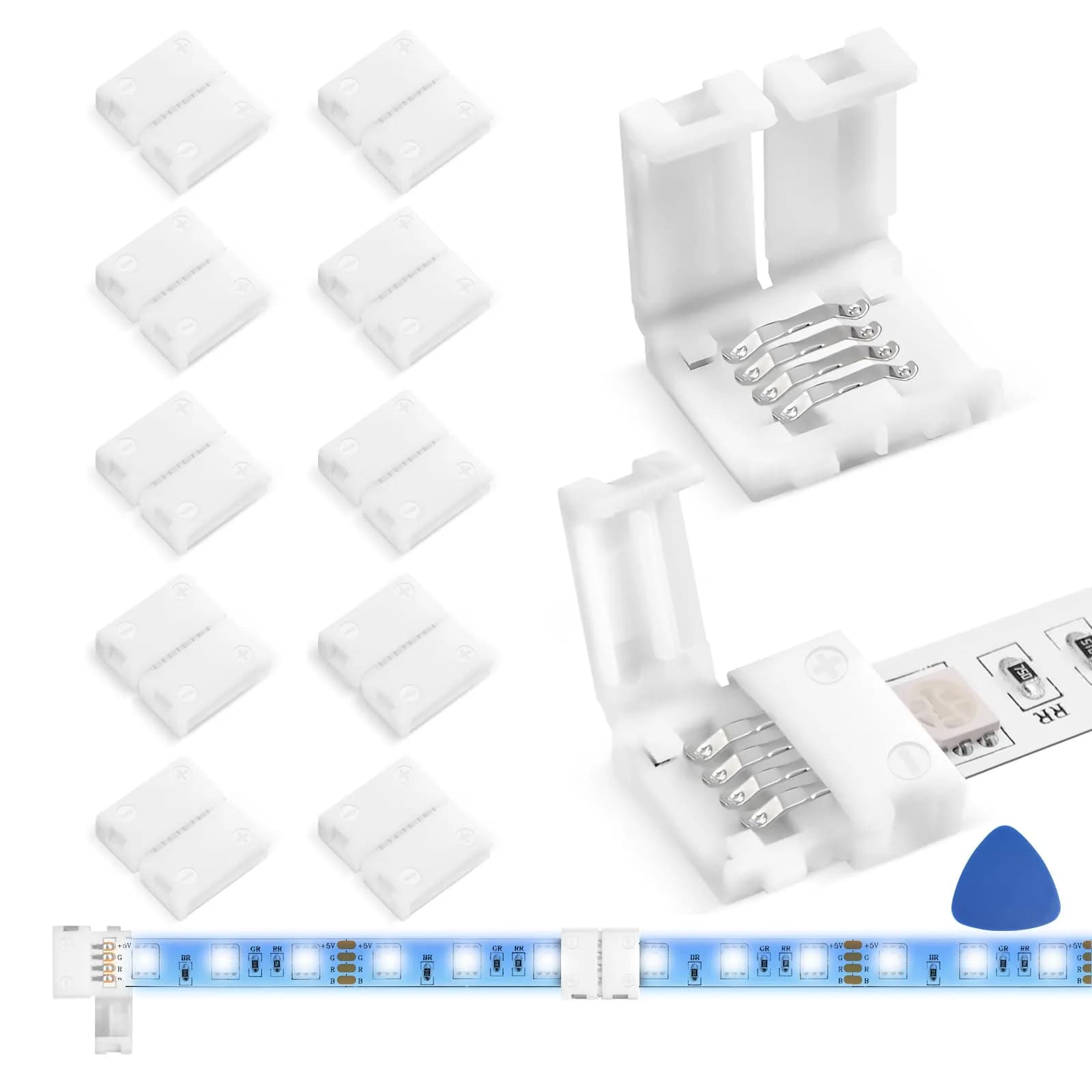 WENHSIN 8mm 4-Pin RGB LED Strip Connectors (10-Pack, 72W Max) | Solderless Extension for SMD 2835/3528/5050 RGB/RGBW Strips - main product image