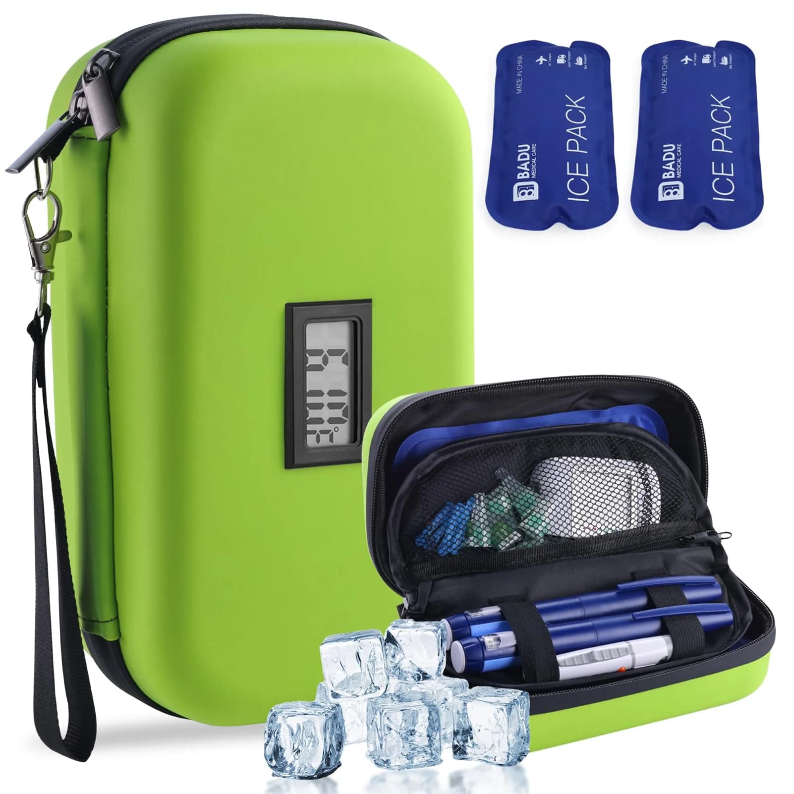 HIMDUZE Insulin Cooler Travel Case with Thermometer & 2 Ice Packs | 21.7cm x 14.4cm x 9.1cm (8.3"x4.7"x3.4") — Green