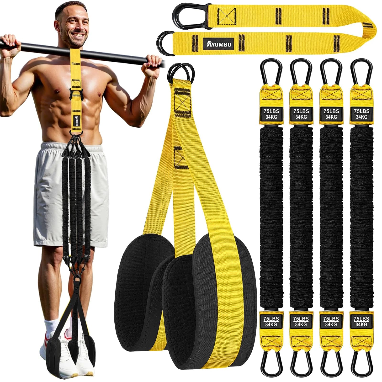 Ayombo Adjustable Resistance Bands Set for Pull Up Bar, Home Gym Workout Equipment Exercise Bands for Muscle Training, Stretching, 1.33 kg (2.95 lb) — Yellow