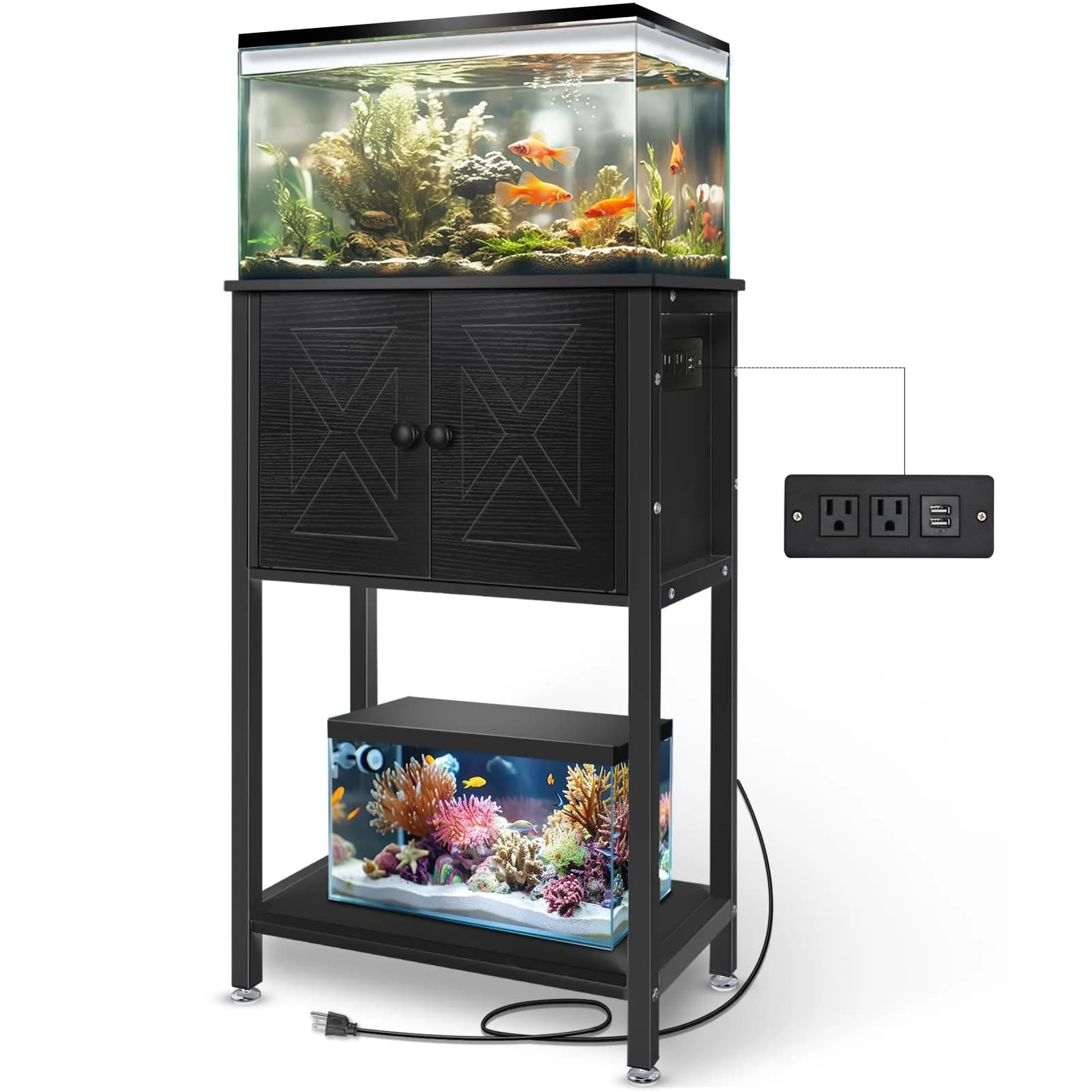 BEURUKU Heavy Duty Fish Tank Stand with Cabinet & Power Outlets 20.5" L x 11" W | Supports 220LBS, 5-10 Gallon Aquarium