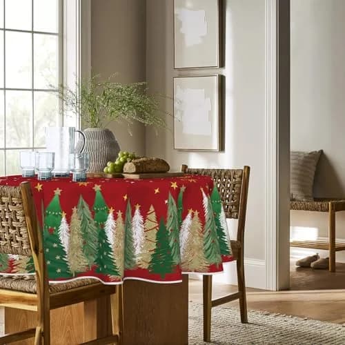 Horaldaily Christmas Tablecloth 70 x 70 Inch Round Trees Red | Festive Home Decor (120 chars) thumbnail 3