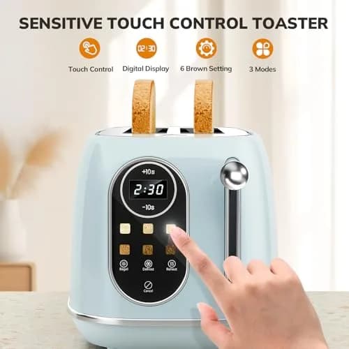 Keenstone Smart Touch Screen Toaster 2 Slice | Retro Wide Slot Stainless Steel with 6 Browning Levels thumbnail 4
