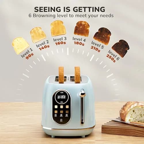 Keenstone Smart Touch Screen Toaster 2 Slice | Retro Wide Slot Stainless Steel with 6 Browning Levels thumbnail 5