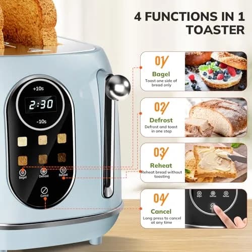 Keenstone Smart Touch Screen Toaster 2 Slice | Retro Wide Slot Stainless Steel with 6 Browning Levels thumbnail 6