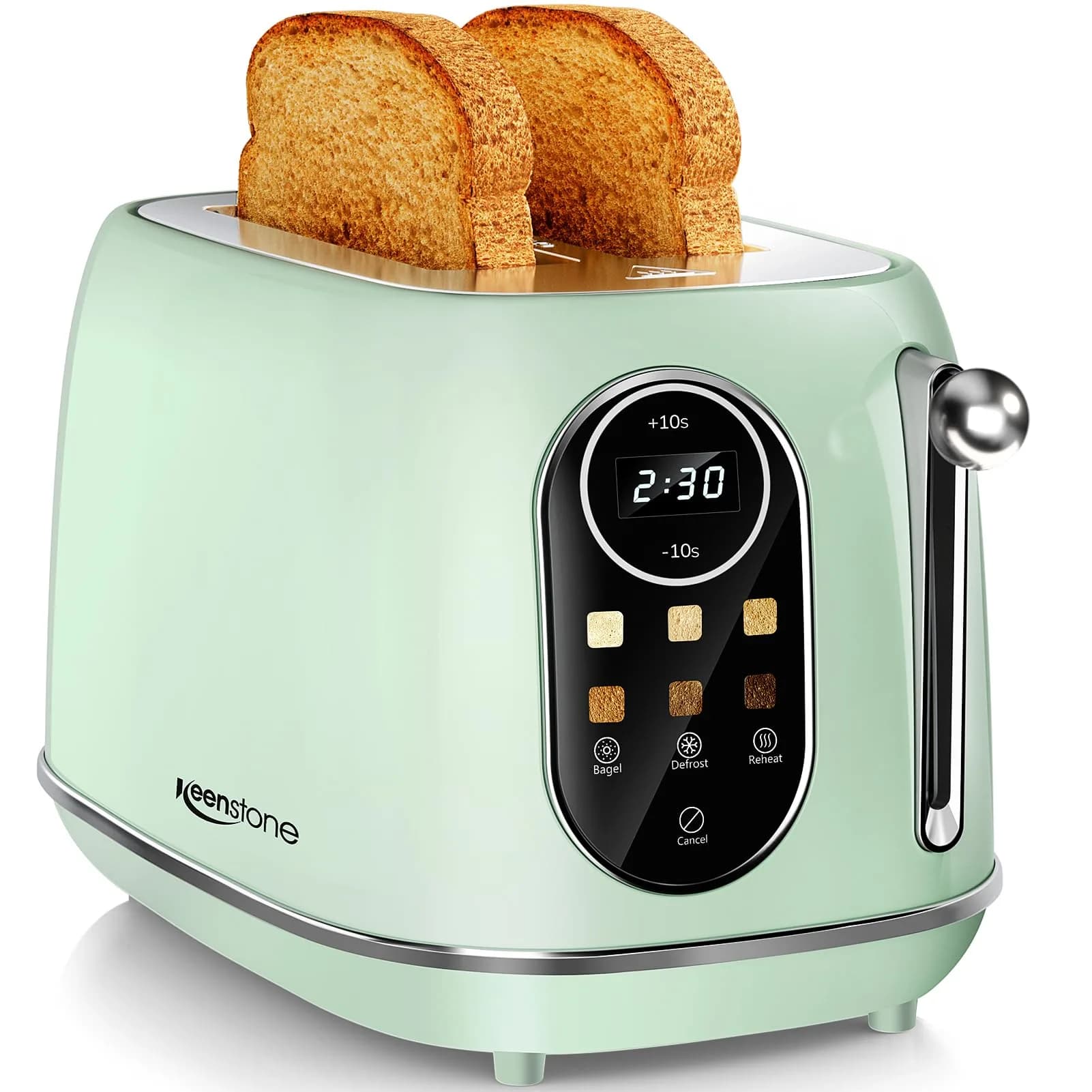Keenstone Smart Touch Screen Toaster 2 Slice | Retro Wide Slot Stainless Steel with 6 Browning Levels — Green