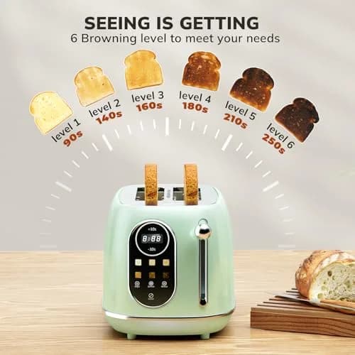 Keenstone Touch Screen Toaster 2 Slice | Retro Wide Slot Stainless Steel with 6 Browning Levels thumbnail 5