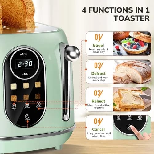 Keenstone Touch Screen Toaster 2 Slice | Retro Wide Slot Stainless Steel with 6 Browning Levels thumbnail 6