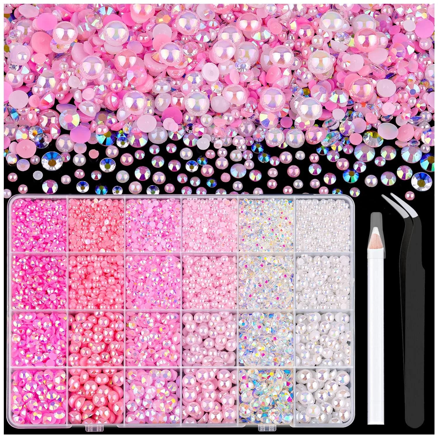 TINKRSTUFF Pink White 14000PCS Nail Art Rhinestones & Pearls Kit | Mixed Sizes 3-8mm Flatback Gems for Crafts