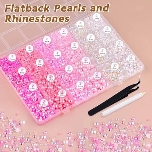 TINKRSTUFF Pink White 14000PCS Nail Art Rhinestones & Pearls Kit | Mixed Sizes 3-8mm Flatback Gems for Crafts thumbnail 3
