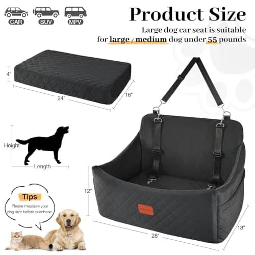 Wooaidagg Dog Car Seat for Medium & Large Dogs Up to 55lbs | Memory Foam Cushion & Safety Straps thumbnail 3