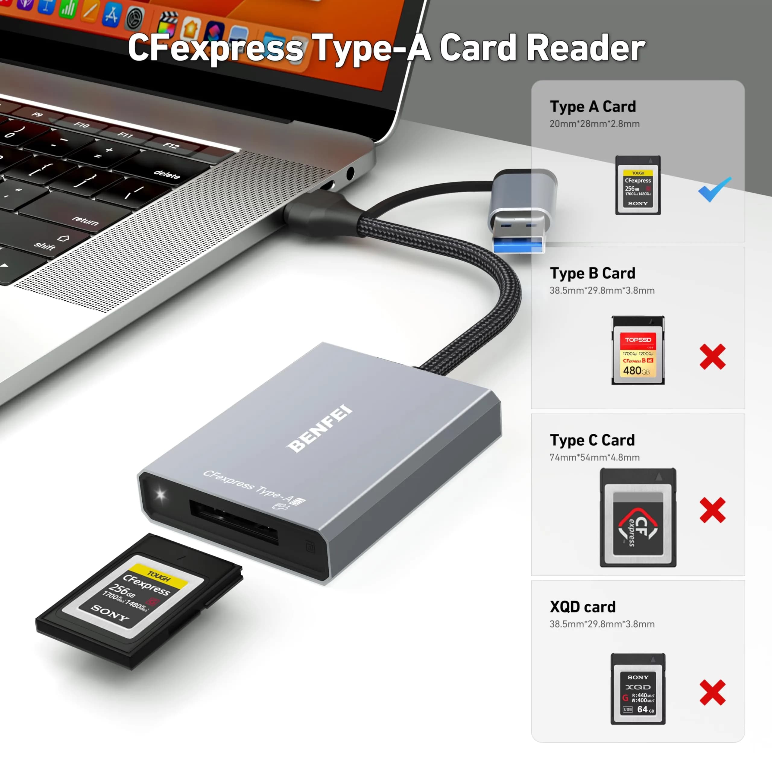 BENFEI CFexpress Type A Card Reader with USB 3.2 (Gen 2) 10Gbps, USB-C&USB-A 2-in-1 Adapter | Fast Data Transfer for Photographers - view 2