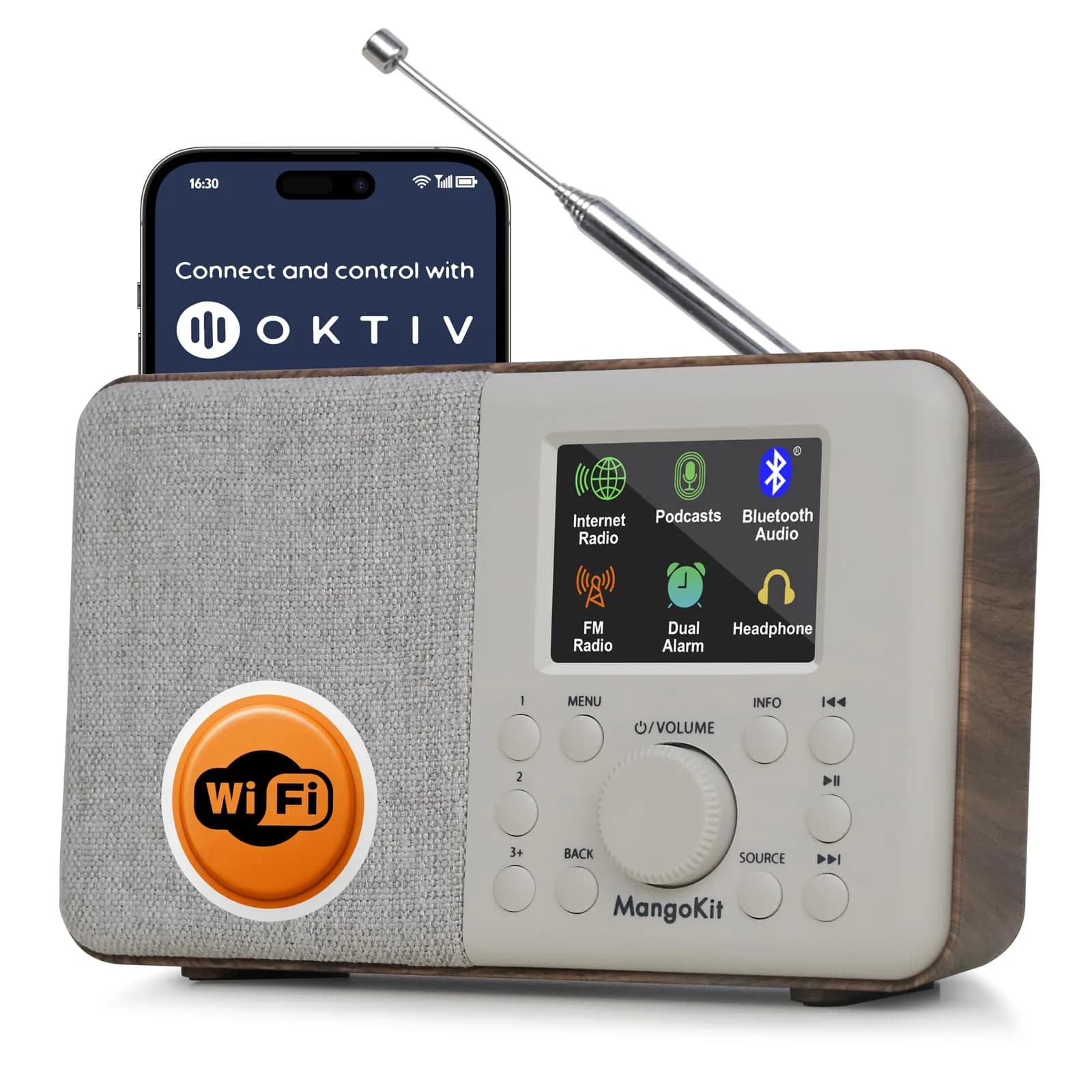 MangoKit SR10 WiFi Internet Radio with Bluetooth, Podcast Player & FM Radio | Portable Digital Radio Walnut