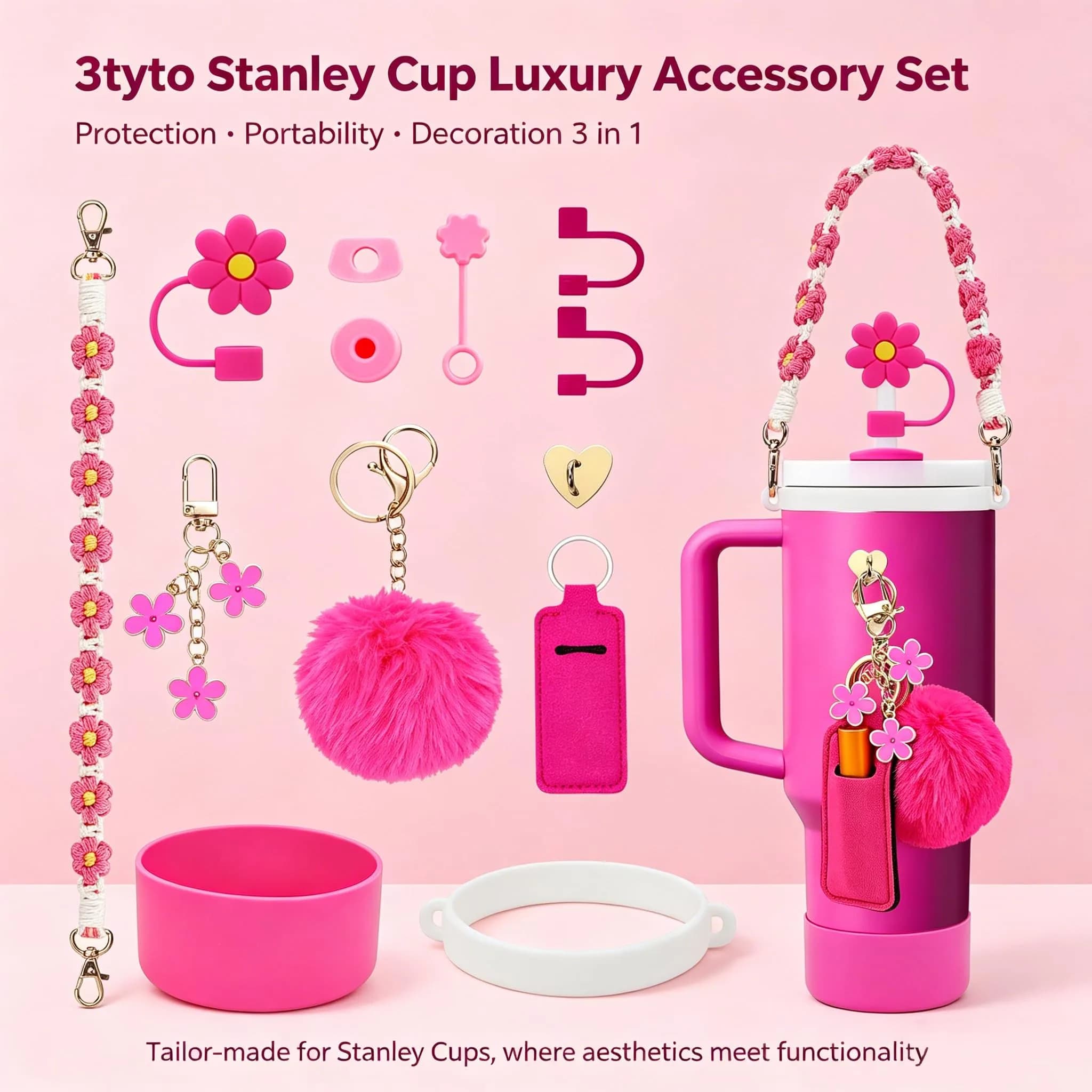 3tyto Rose 13 Pcs Stanley Cup Accessories Set with Bohemian Woven Handle Strap & Silicone Boot for 30oz & 40oz Tumblers - view 2