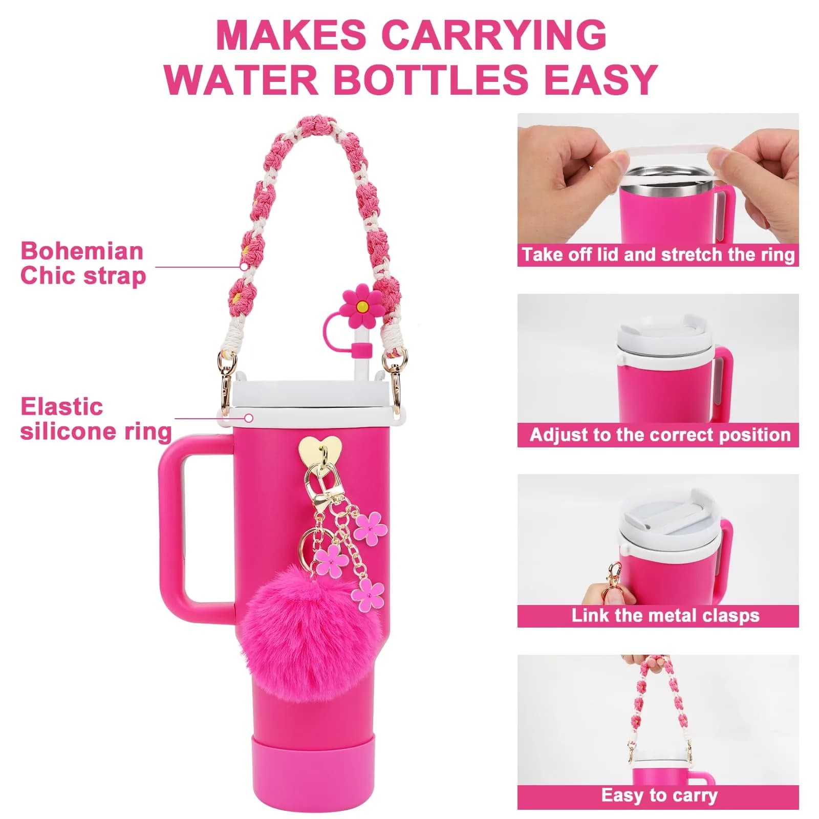 3tyto Rose 13 Pcs Stanley Cup Accessories Set with Bohemian Woven Handle Strap & Silicone Boot for 30oz & 40oz Tumblers - view 4