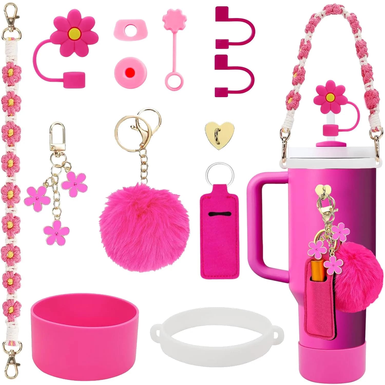 3tyto 13 Pcs Stanley Cup Accessories Set Pink | Bohemian Woven Handle Strap & Silicone Boot for 30oz & 40oz Tumblers — Rose