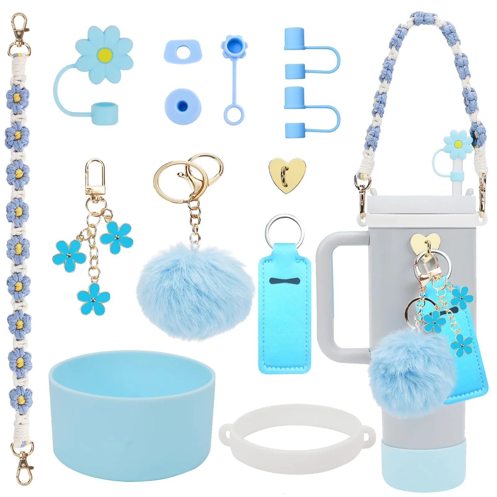 3tyto 13 Pcs Stanley Cup Accessories Set Blue | Bohemian Woven Handle Strap & Silicone Boot for 30oz & 40oz Tumblers - main product image