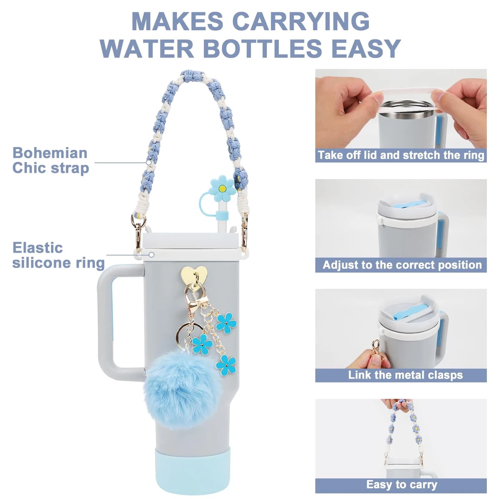 3tyto 13 Pcs Stanley Cup Accessories Set Blue | Bohemian Woven Handle Strap & Silicone Boot for 30oz & 40oz Tumblers - view 3