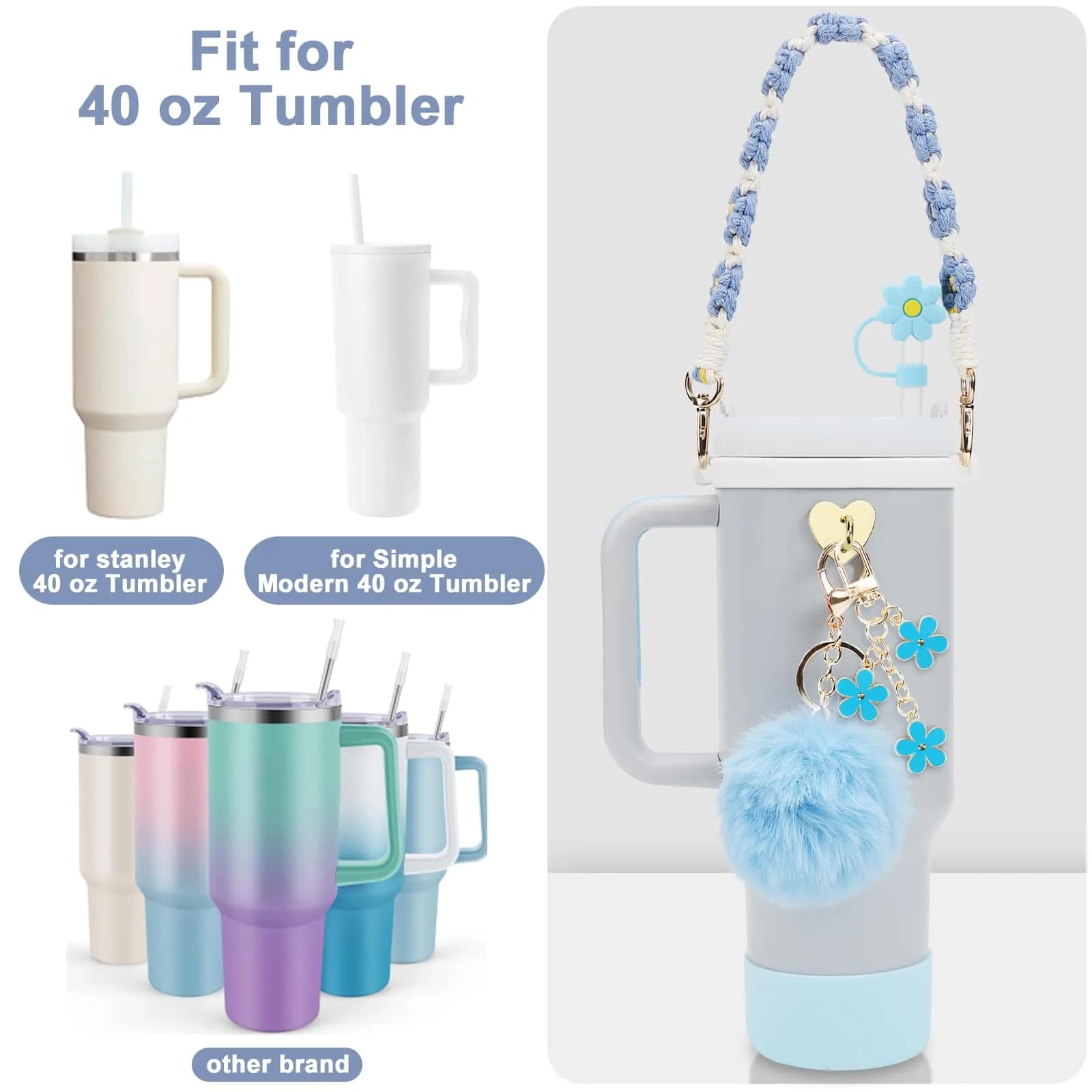 3tyto 13 Pcs Stanley Cup Accessories Set Blue | Bohemian Woven Handle Strap & Silicone Boot for 30oz & 40oz Tumblers - view 4