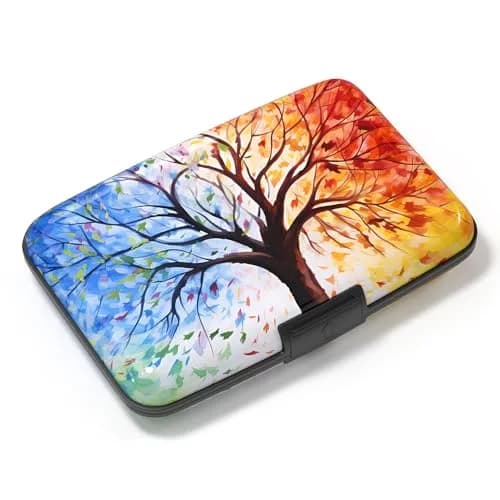 Atufsuat RFID Blocking Aluminum Card Holder for Women, Slim Metal Hard Card Case with 7 Slots, Colorful Trees | Holds up to 14 Cards thumbnail 1