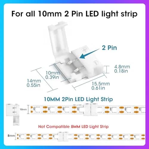 WENHSIN 10mm 2-Pin RGB LED Strip Light Connectors (10-Pack) | Solderless Adapter for 72W Strips thumbnail 3