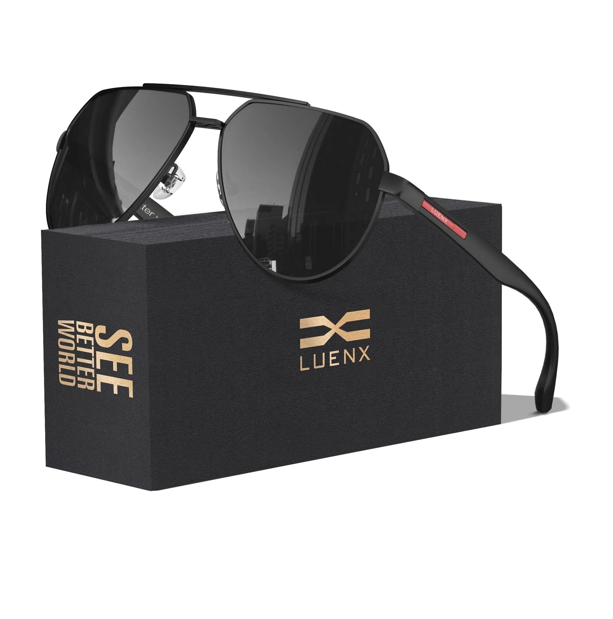 Luenx Aviator Polarized Sunglasses Men Women Classic UV400 Driving | ANSI Z87.1 Impact Tested — Black Lens/Matte Black Frame