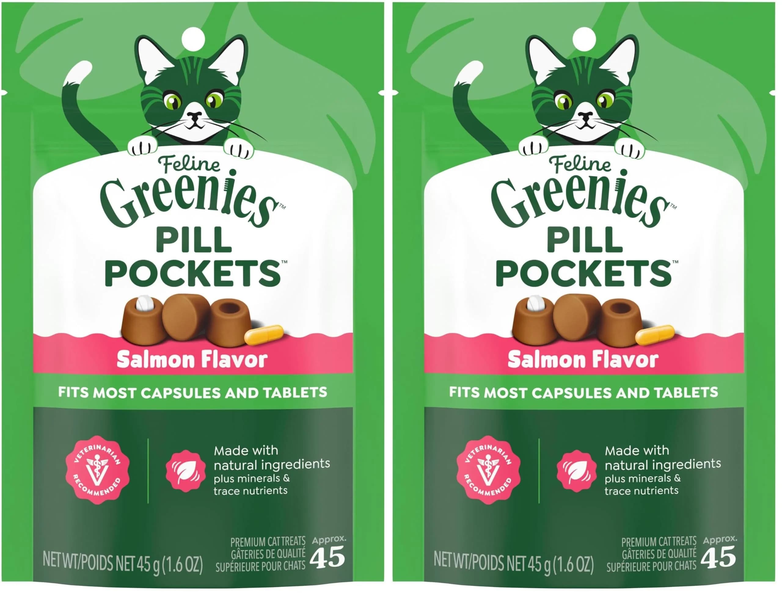 Greenies Feline Pill Pockets Salmon Flavor Soft Cat Treats, 2 Pack (90 Treats Total) - main product image