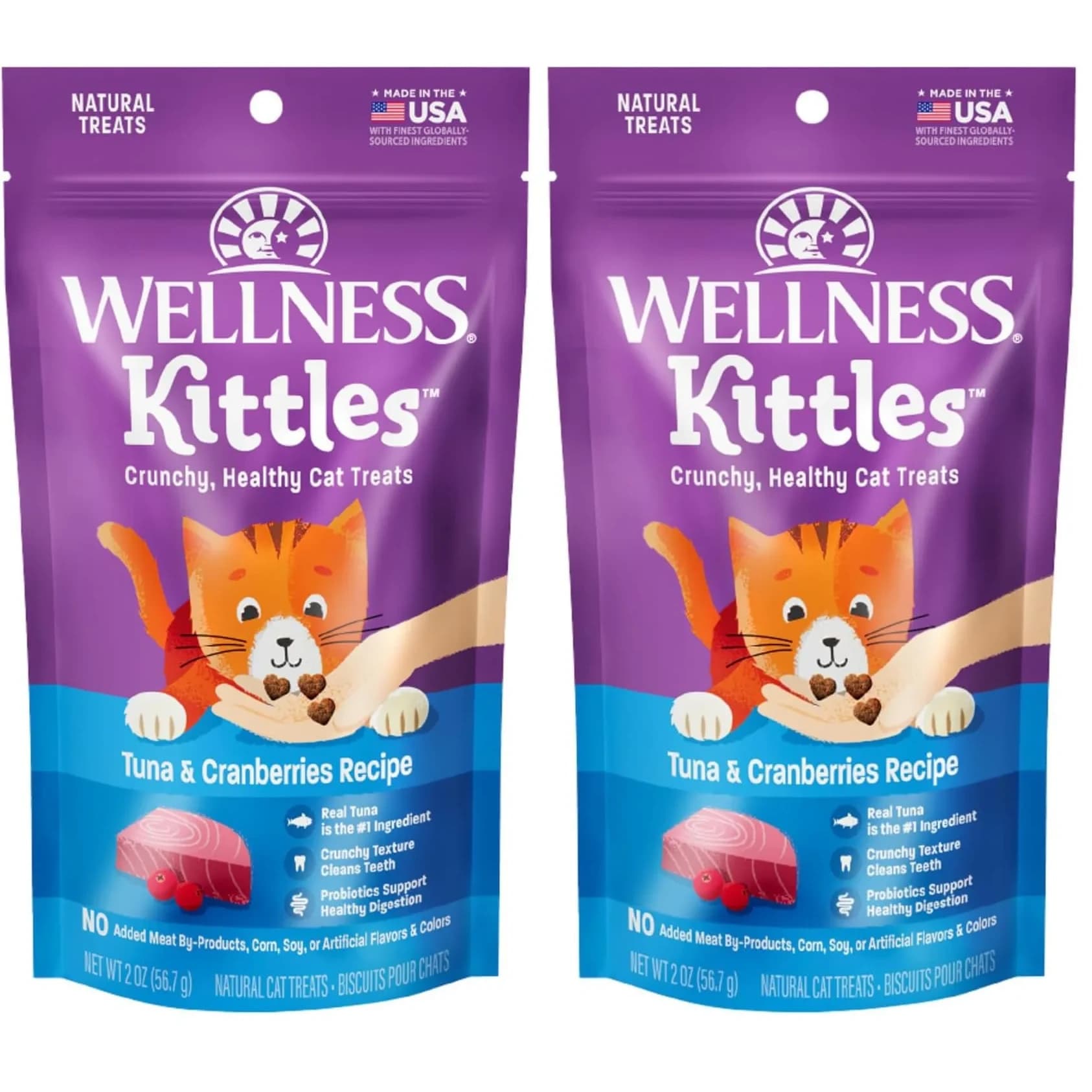 Wellness Kittles Crunchy Cat Treats Tuna & Cranberry Flavor 4 oz (Pack of 2) | Grain-Free Dental Aid — Tuna