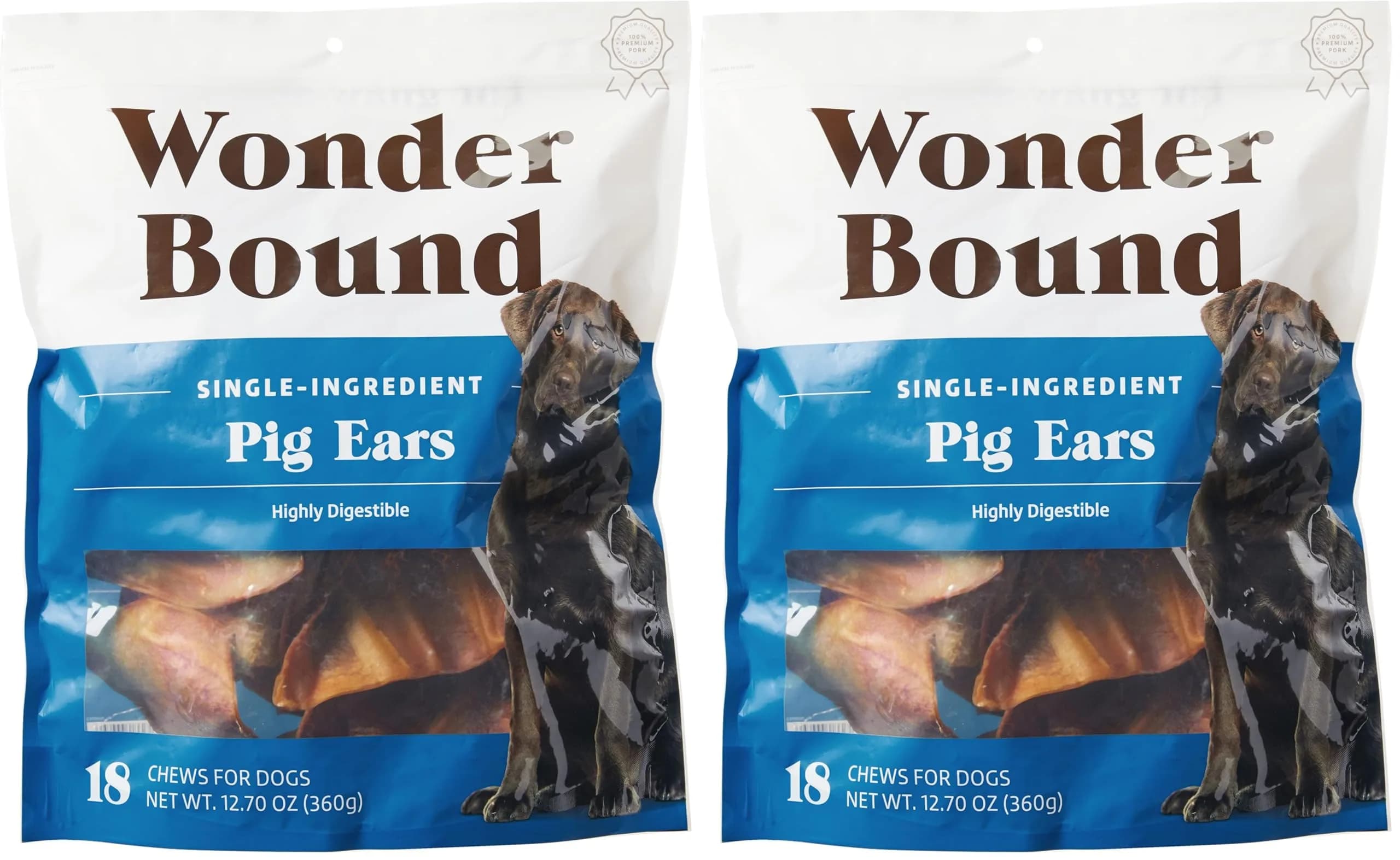 Wonder Bound Whole Pig Ears Dog Treats | Highly Digestible Pork, Dental Support, 18 Count (Pack of 2)