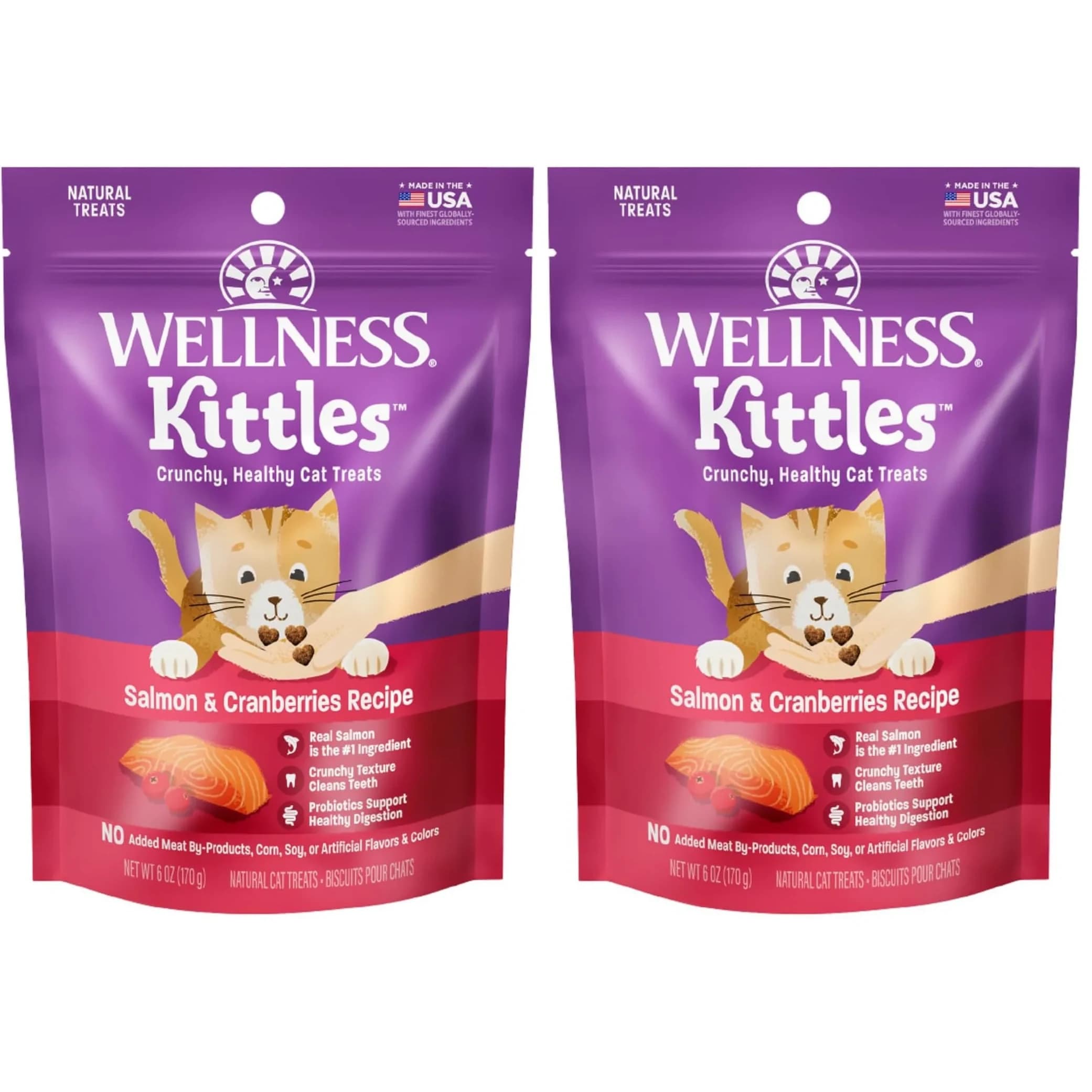 Wellness Kittles Natural Grain Free Cat Treats Salmon & Cranberries 12 oz (342 g) | Crunchy Dental Cat Treats