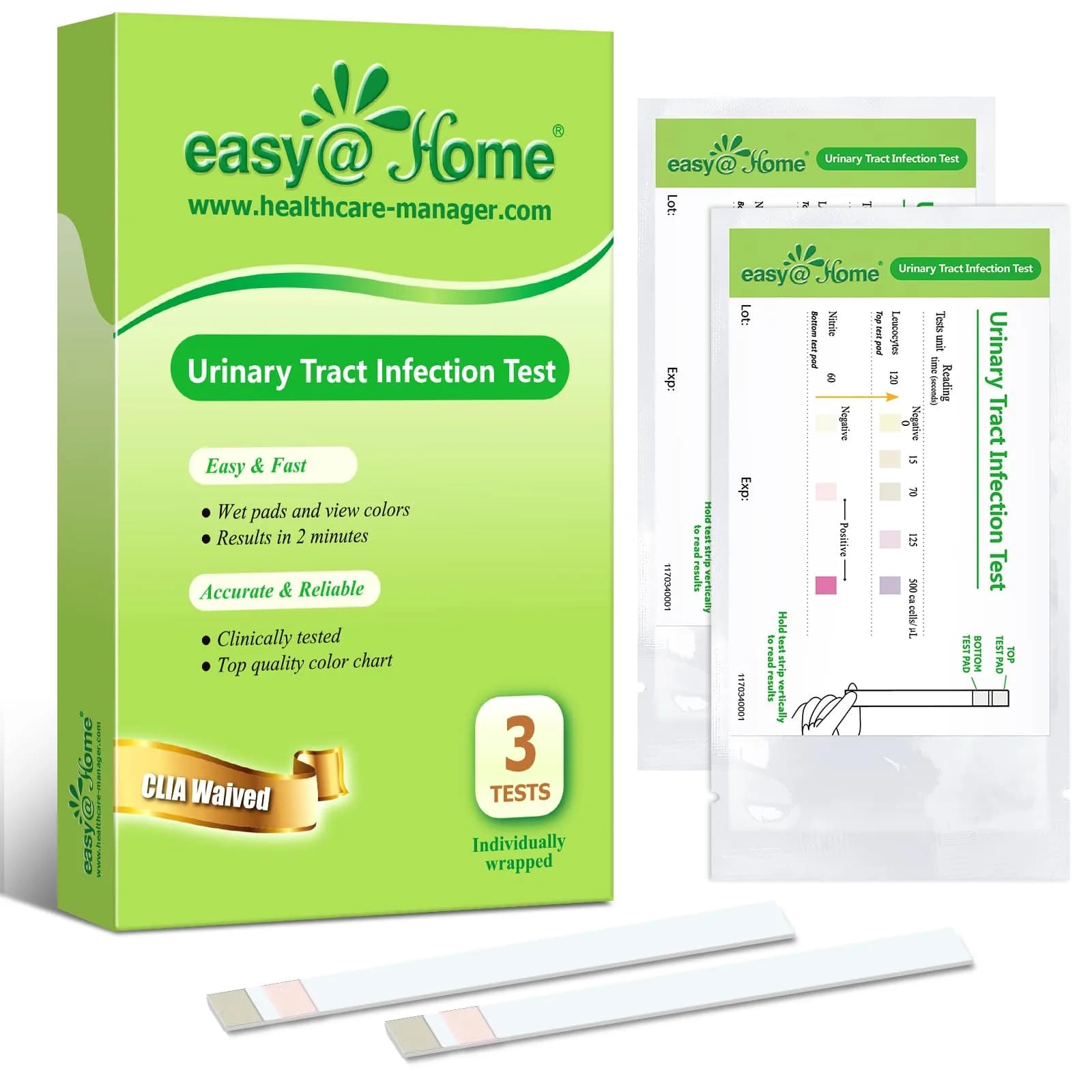 Easy@Home 3 Pack Urinary Tract Infection Test Strips for Women | Accurate & Reliable Home UTI Detection — Green