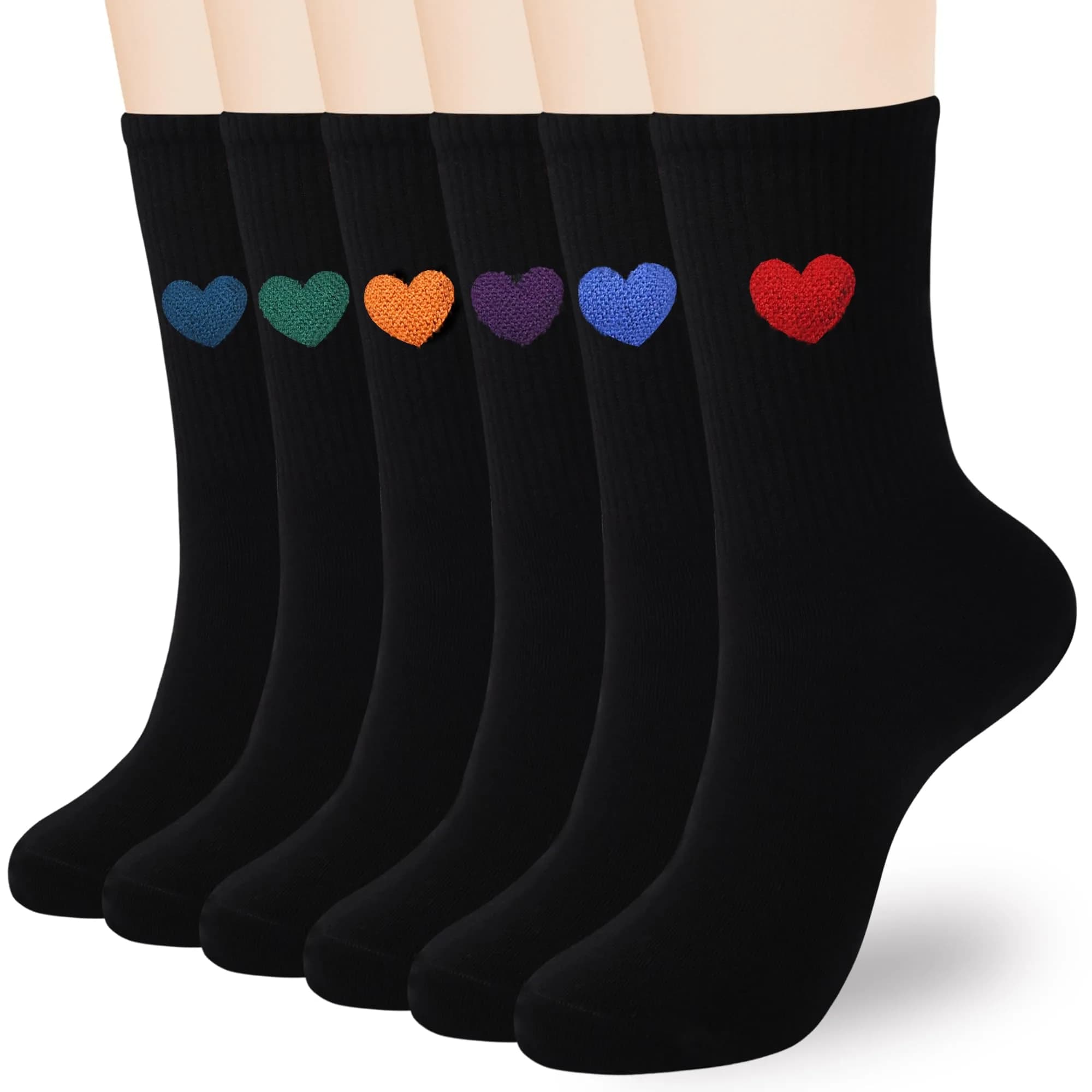 inhees Womens Cotton Crew Calf Socks | Ankle Boot, Heart Design, 6 Pairs, Size 5-9