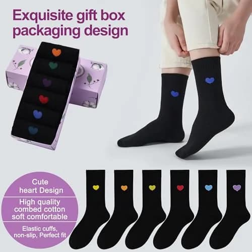 inhees Womens Cotton Crew Calf Socks | Ankle Boot, Heart Design, 6 Pairs, Size 5-9 thumbnail 2